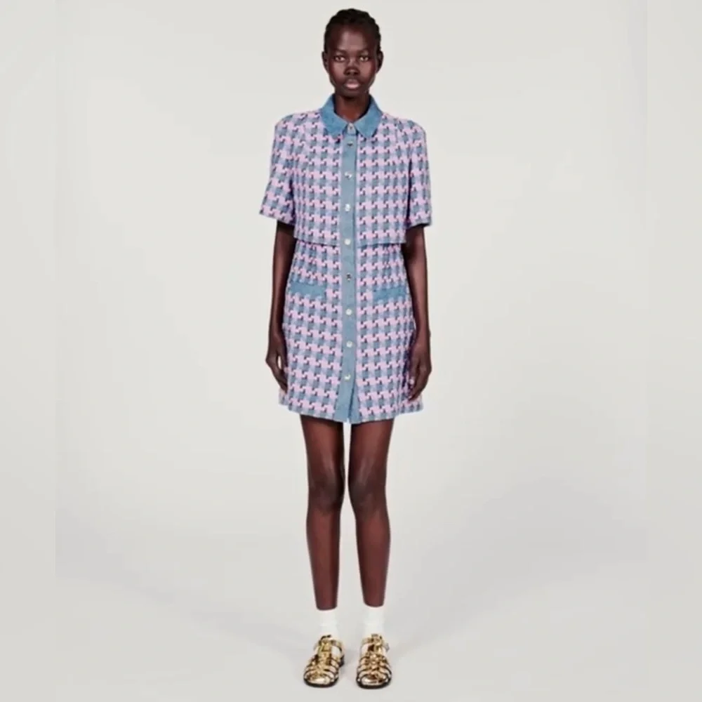 Sandro Amadora Denim Trim Houndstooth Tweed Mini Dress - Picture 3 of 13